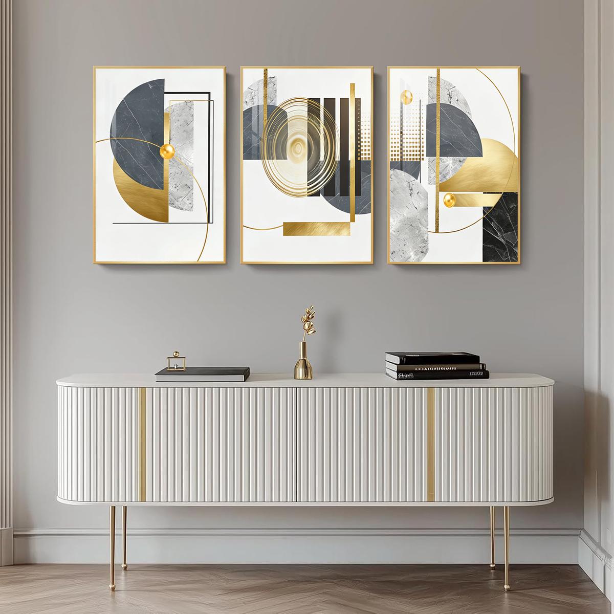 3 Counts Aluminum Alloy Framed Painting, Geometric Gold And Grey Abstract Art, Home Decoration For Living Room, Bedroom, Office, Restaurant, Hallway Wall Decor, Odorless Print Artwork, Luxury Perfect Gift For Friends And Family