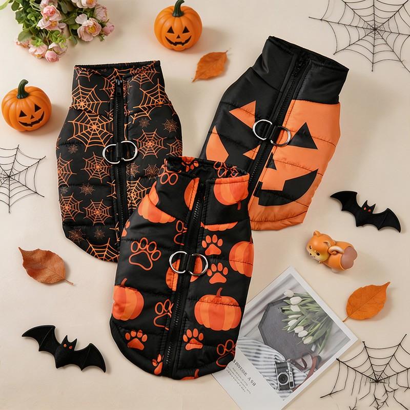 Autumn Winter Pet Halloween Cotton Vest, Pumpkin Paw Print Spider Web Waterproof Jacket, Zipper Comfortable Dog Coat, Dachshund Clothes