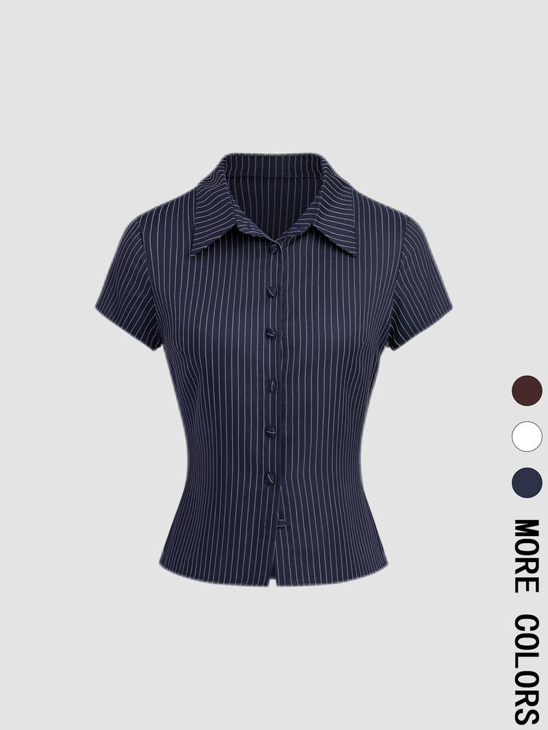 Women's Plain / Striped Print Button Shirt, Casual Fitted Collared, Casual Slim-fitting Short Sleeve Collared Top for Daily Wear, Ladies Clothes for All Seasons