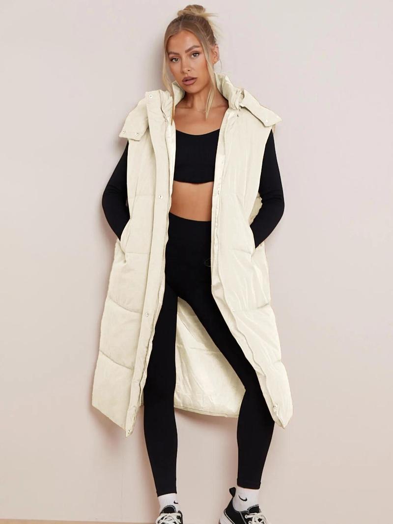 Versatile Plain Hooded Zip-Up Side Pocket Cotton Vest