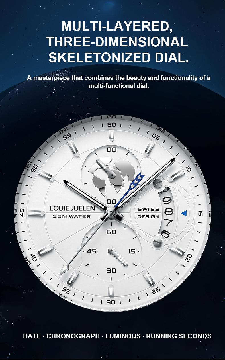 Elegant Men's Watch: Globe Design, 30m Water Resistance, Luminous Dial, Calendar & Chronograph | Stylish for Day & Business | Classic Timepiece