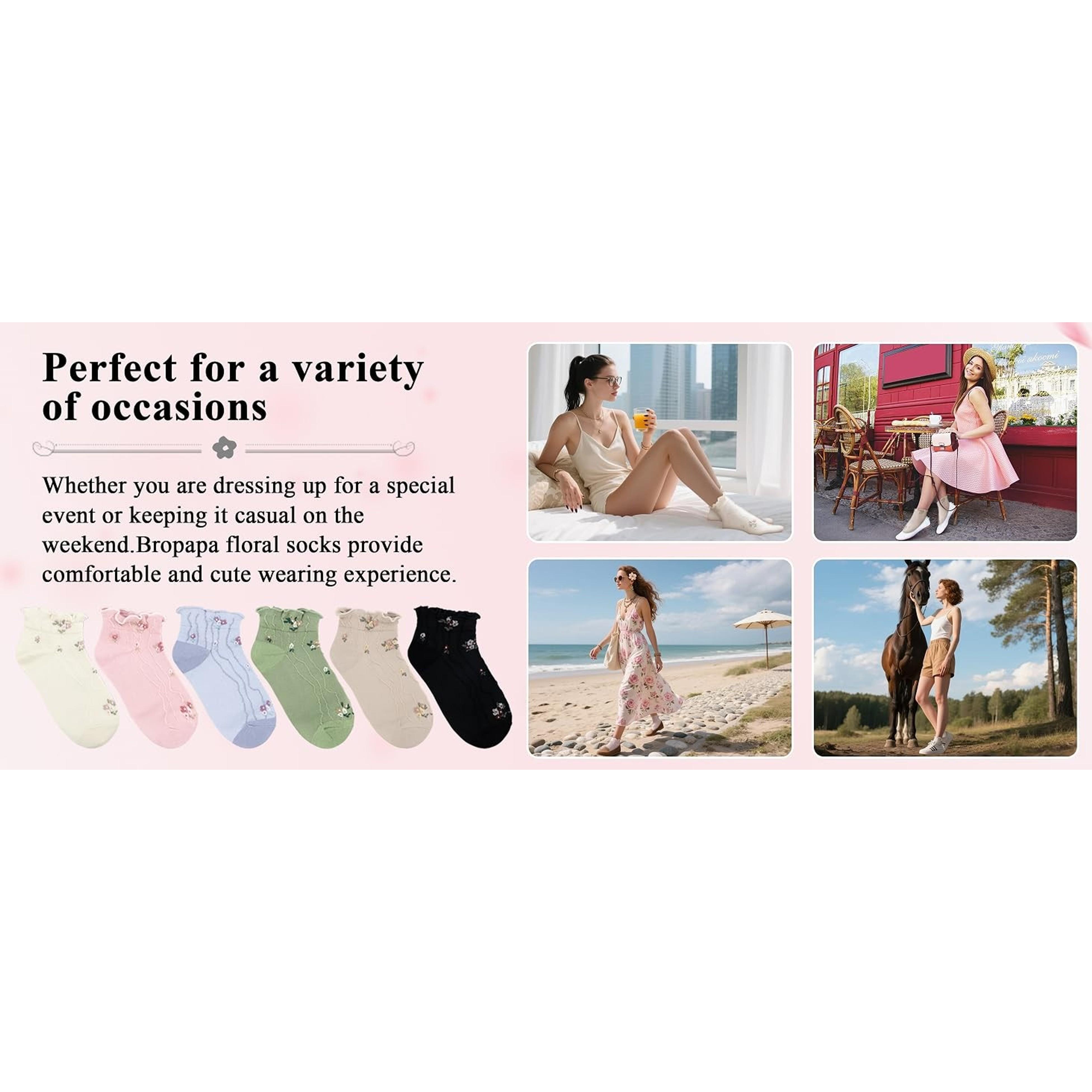 Women's Ruffle Ankle Socks, Vintage Patterned Short Casual Dress Socks, Cute Princess Lettuce Floral 6 Pack(Gift)