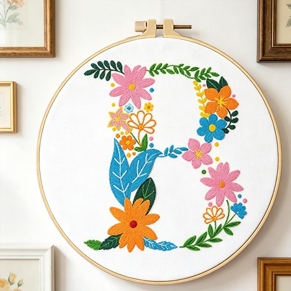 Creative Floral Letter Embroidery Kit, Beginner-Friendly Sewing Art Set, Includes Embroidery Cloth, Threads, Tools(random color), Instructions, Unique Home Decor, Gift, Souvenir
