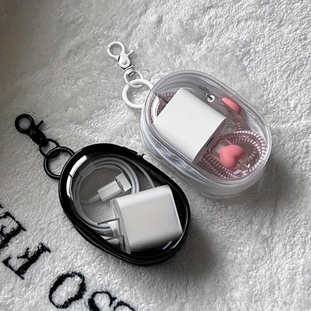 1pc Oval Zippered Plastic Packing Organizer for Apparel - Mini Portable Earbud, Cable and Charger Storage Case with Keychain - Travel Pouch for Accessory Organization Headphone Bag