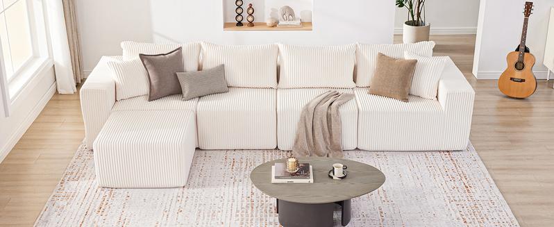 【3 packages】135.4" Cloud Couch Sectional, Modular Sofa with Deep Seat, Plush Corduroy L Shaped Boneless Couch, Convertible Sectional Couches for Living Room, 5Seat