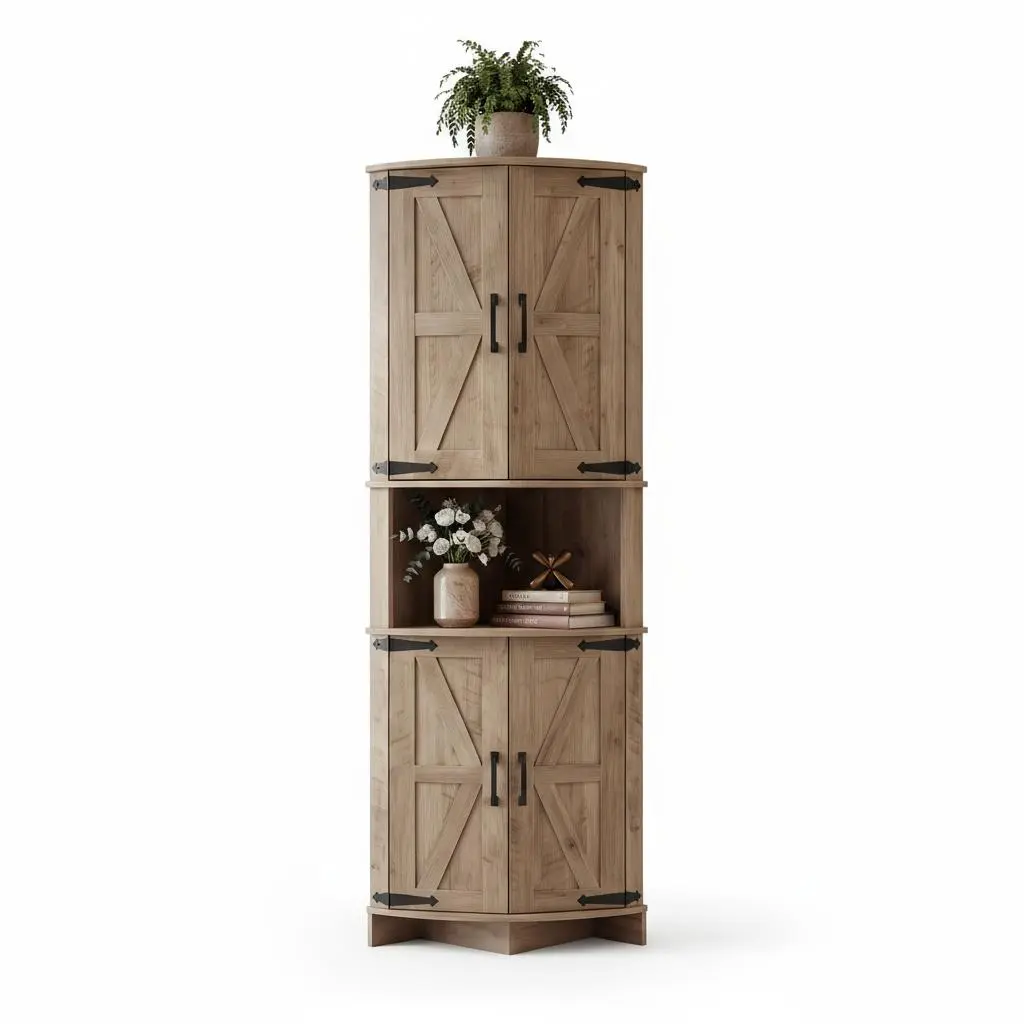L. 64.8" Tall Farmhouse Corner Cabinet with 4 Doors & 5 Adjustable Shelves – Slim Triangle Pantry Storage for Kitchen, Dining Room, Living Room or Bathroom – Grey