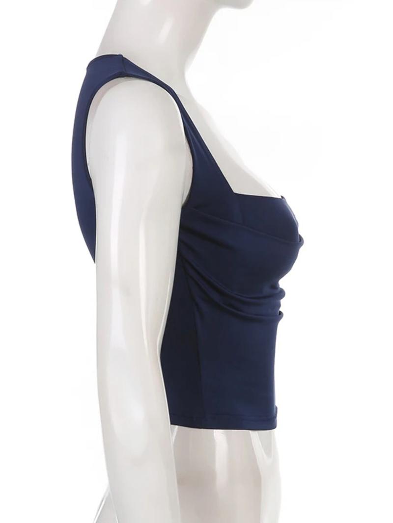 Women's Plain Ruched Square Neck Crop Tank Top, Casual Sleeveless Cropped Top for Fall, Minimalist Basic Short Tops, Ladies Clothes for Daily Wear, Summer Top