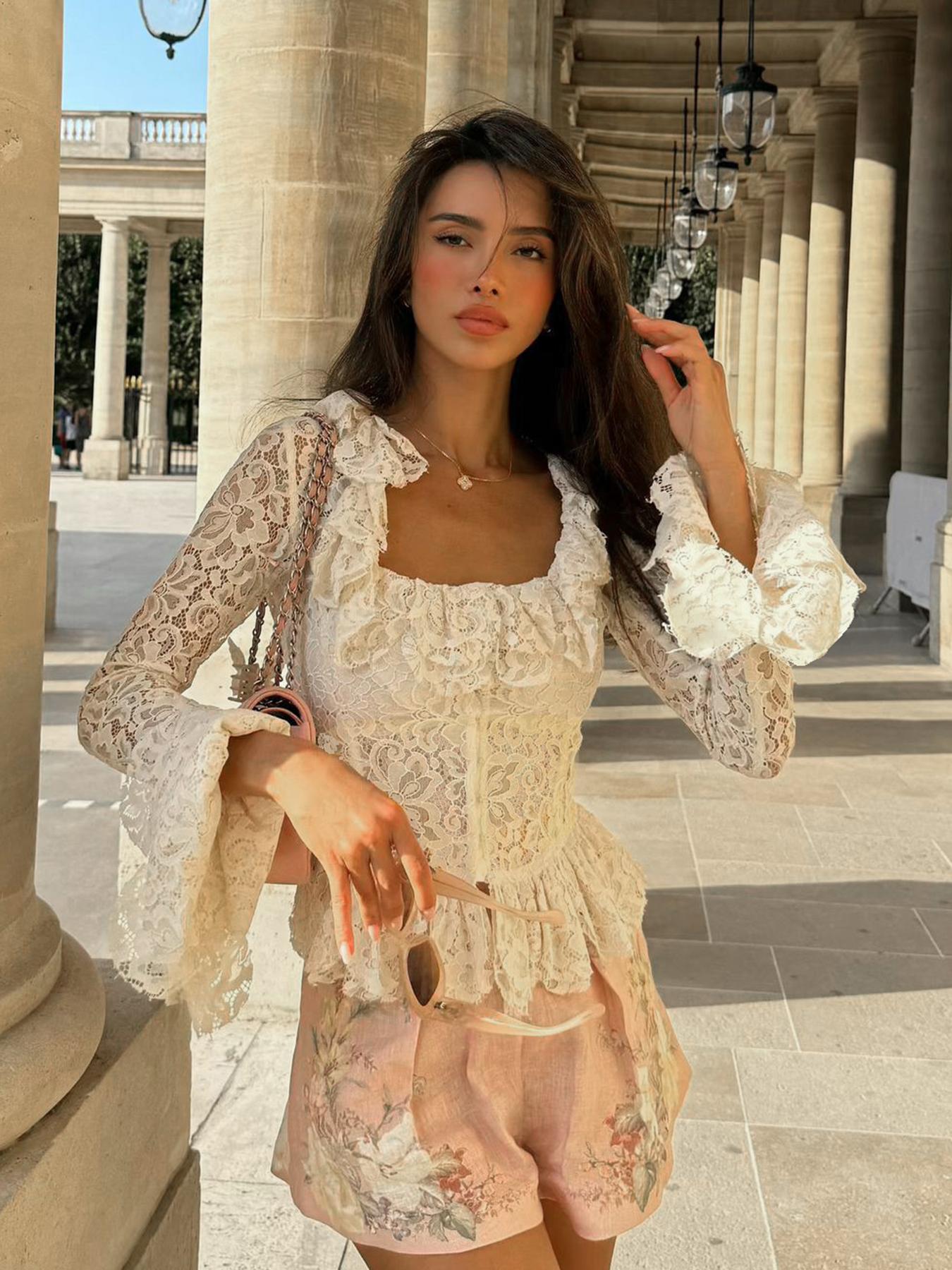 Women's Plain Lace Long Sleeve Top, Elegant Romantic Square Neck Top for Spring, Ladies Clothes for Daily Wear