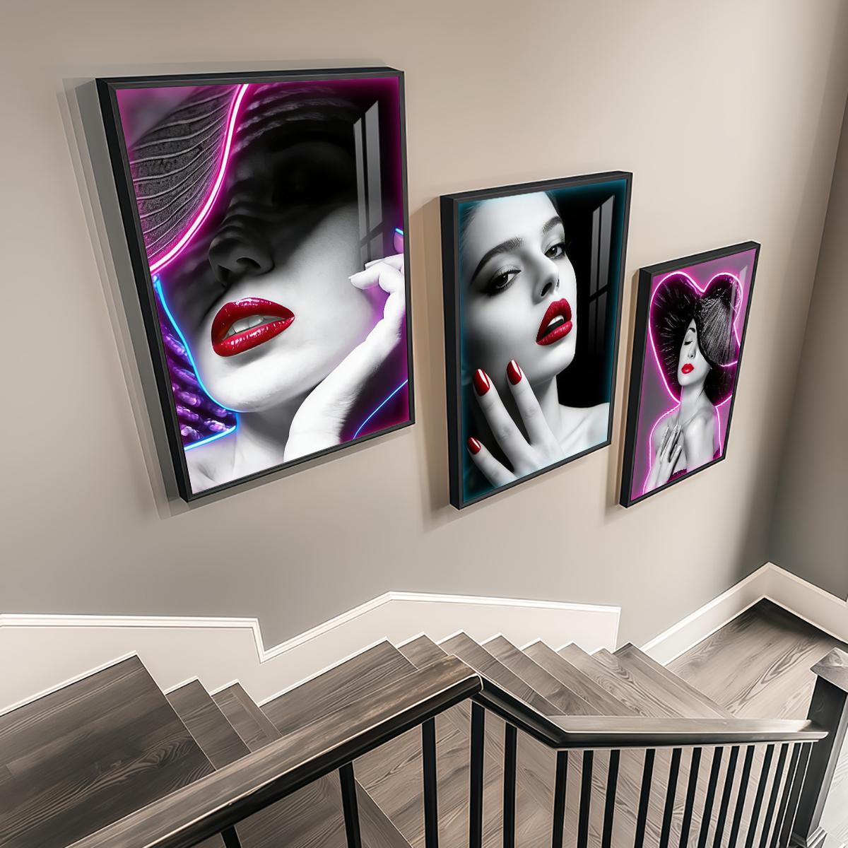 3 Counts Aluminum Alloy Framed Painting, Neon Beauty Portrait Art With Red Lips And Nails, Home Decoration For Living Room, Bedroom, Office, Restaurant, Hallway Wall Decor, Odorless Print Artwork, Luxury Perfect Gift For Friends And Family