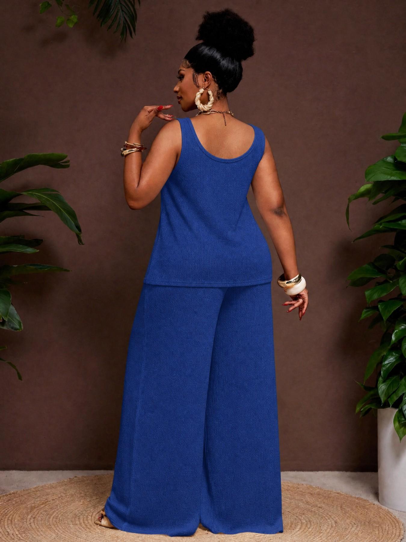 Plus Size Women's Comfortable U-Neck Sleeveless Solid Top with Pockets, Loose Fit Textured Tank, Wide Leg Pants, Business Casual Chic Womenswear Set