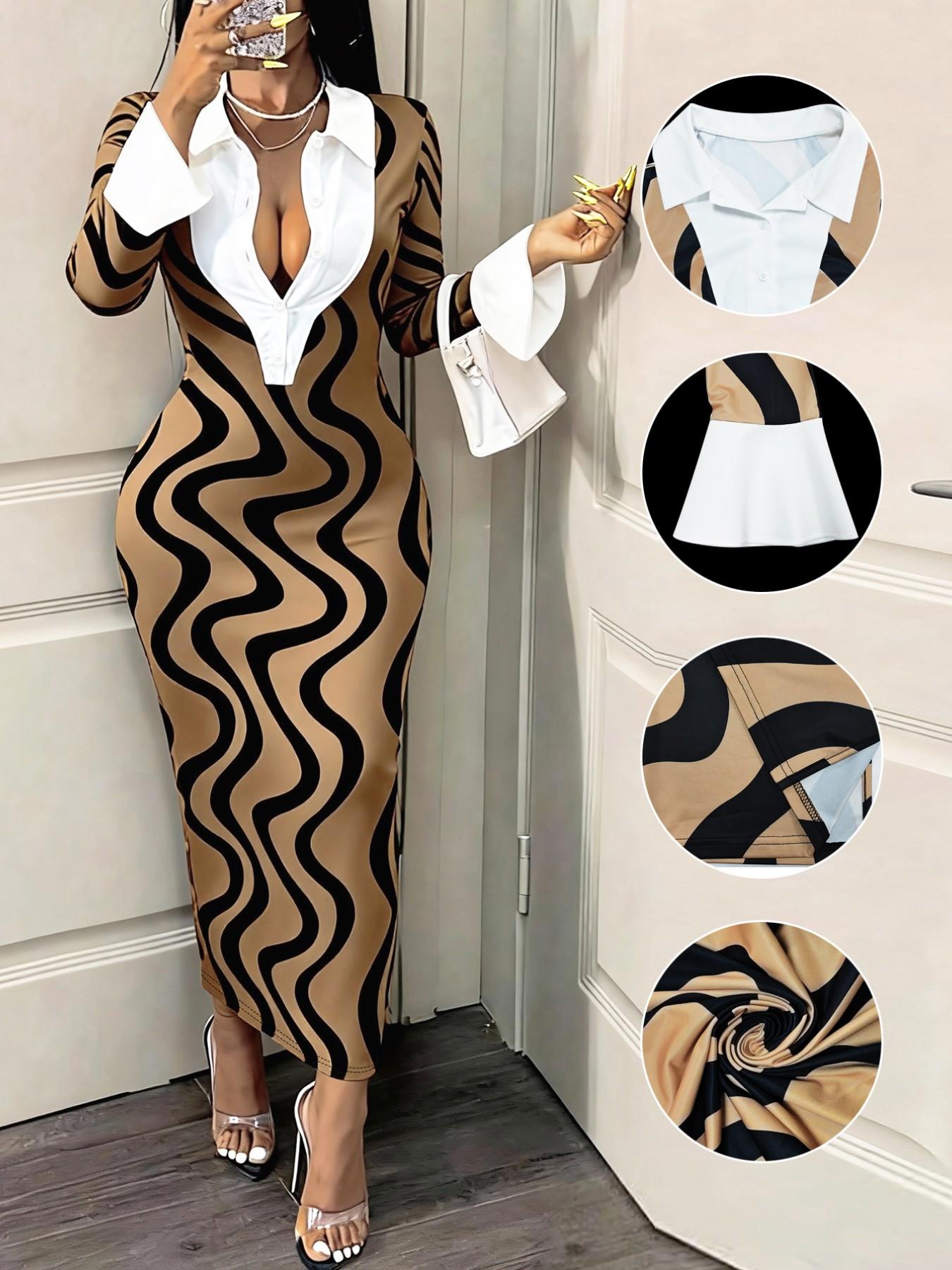Women's Fashion Colorblock Shirt Collar Patchwork Wave Pattern Dress, Flared Sleeve Fitted Bodycon Long Evening Gown, All Seasons