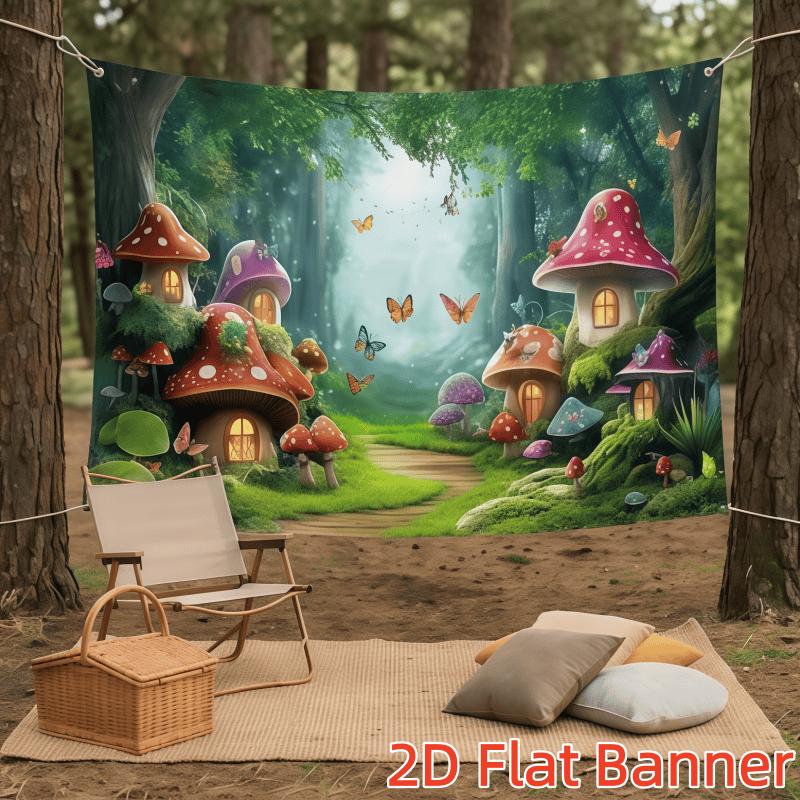 1PC,2D Flat Customize Backdrop Fantasy Forest Mushroom House Decorative Backdrop, Fairy - tale Style with Butterflies and Green Plants Scene, for Festival Party, Birthday and Photography, a Decorat
