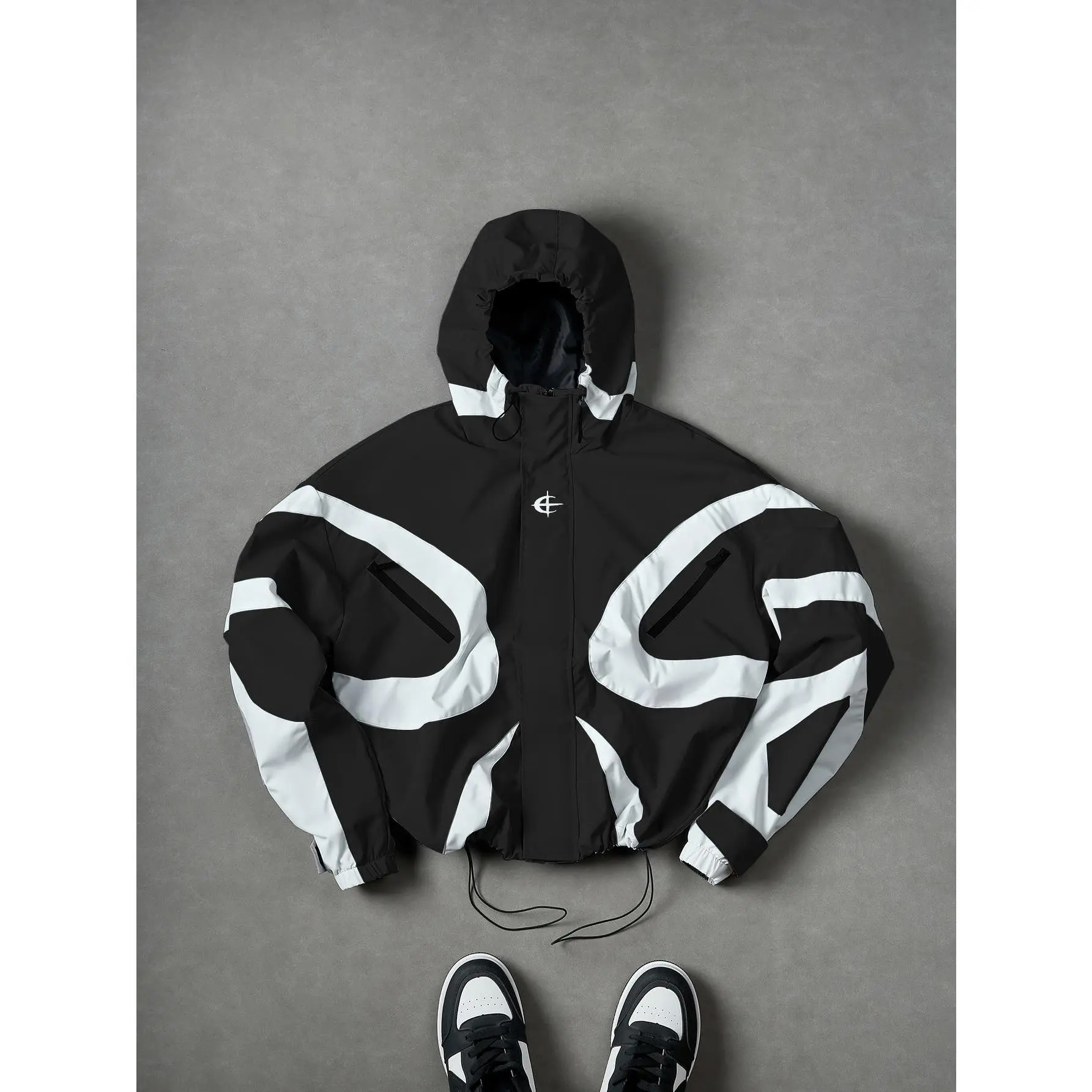 Men's Navy White Color Block Hooded Windbreaker Jacket Zip-Up Streetwear Casual Athletic Coat