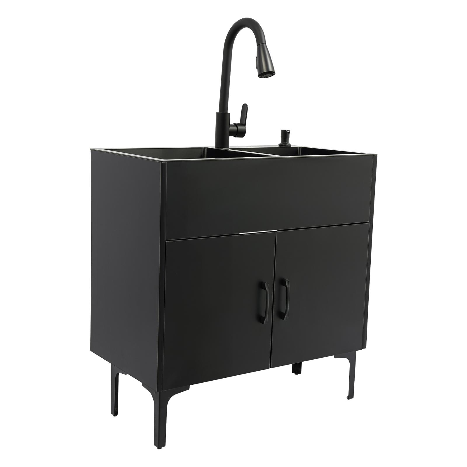 Laundry Utility Sink with Cabinet & Pull-Down Faucet Freestanding Stainless Steel Utility Sinks with 2 Doors Deluxe Bouble Kitchen Sink Wash Station Tub for Laundry & Kitchen, Bathroom(Black)