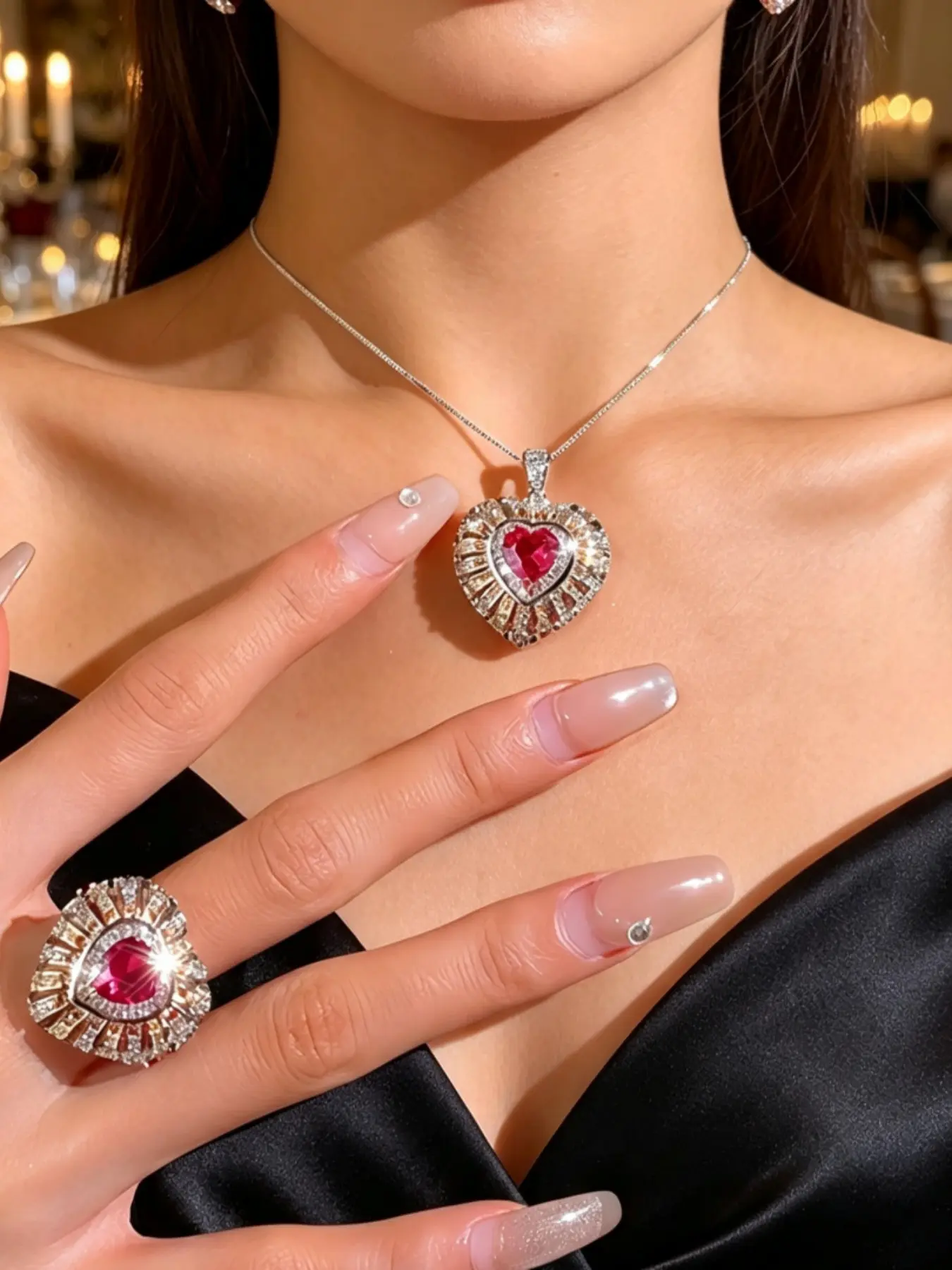 2Pcs Jewelry Set Necklace Adjustable Ring Two Tone Sunburst Heart Red Cubic Zirconia Gift Box For Couple Valentine’s Day Anniversary Date Night