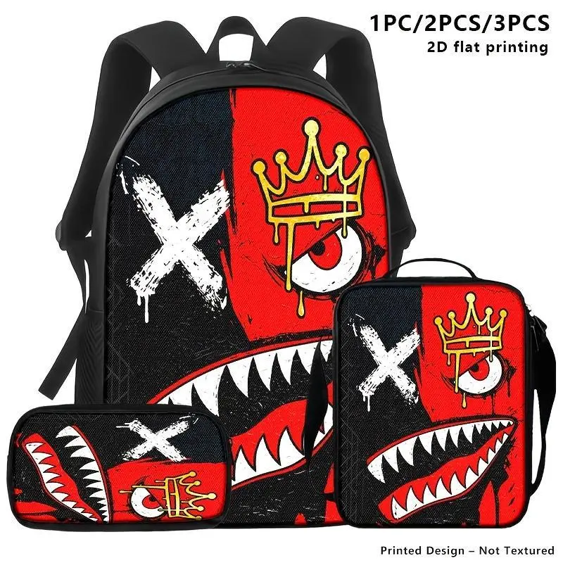 1PC/2PC/3PC Red & Black Graphic X-Pattern Preppy Waterproof Embellished Backpack, Multi-Functional Casual Shoulder Storage Bag, Street Trend Style, Backpacks for School, Ideal for Daily Commuting