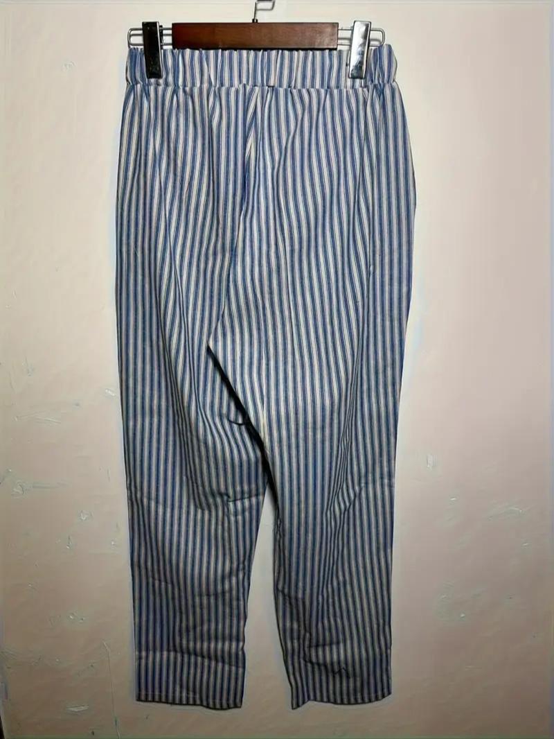 Women's Striped Print Pocket Elastic Waist Pants, Casual Comfy Trousers for Daily Wear, Ladies Bottoms for All Seasons