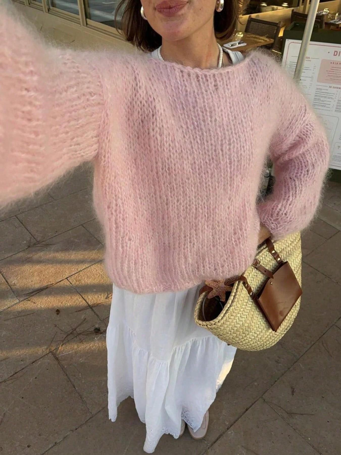 Korean Style Casual Soft Mohair Knit Sweater, Knitwear, Loose Fit Drop Shoulder Slimming Pullover, Long Sleeve Cozy Top for Women