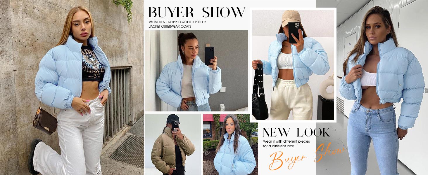 SHEEN Women's Winter Cropped Puffer Jacket Warm Full Zip Quilted Jacket Long Sleeve Padded Coats Stand Collar Outerwear