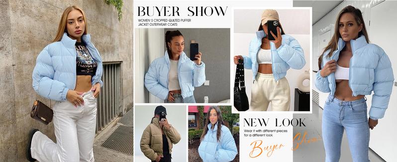 SHEEN Women's Winter Cropped Puffer Jacket Warm Full Zip Quilted Jacket Long Sleeve Padded Coats Stand Collar Outerwear