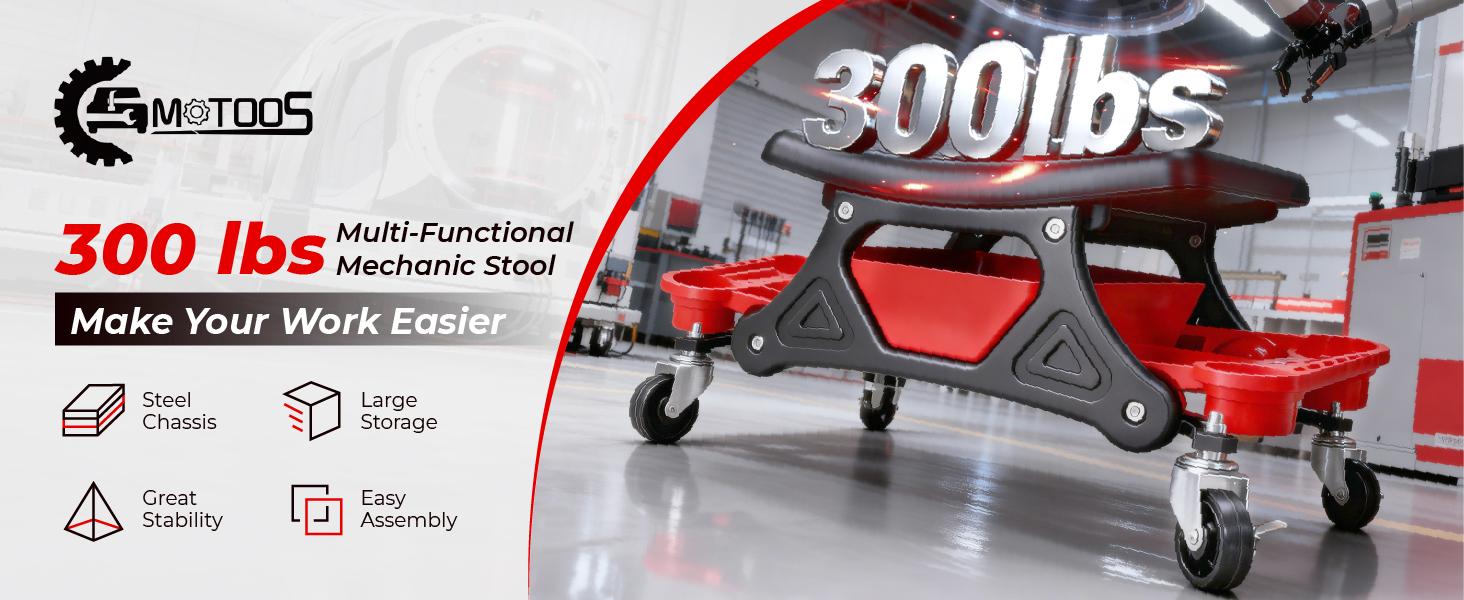 Heavy Duty Rolling Mechanic Stool with Casters, 300 LBS Capacity, Slide-Out Tool Trays & Drawer, Car Repair Tools for Mechanics’ Repair Work (Red)
