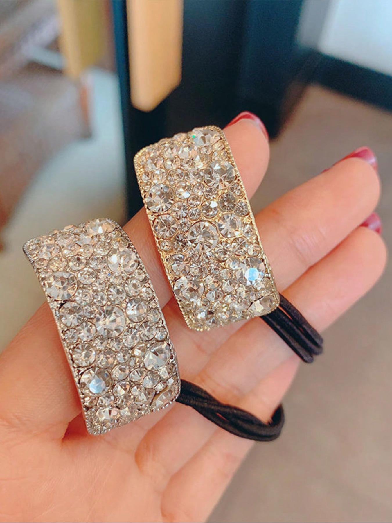 2 Sparkling Rhinestone Hair Ties, Durable Elastic Bands for Strong Hold, Stylish Hair Accessories to Enhance Your Look, Ponytail Hairstyle, Messy Bun