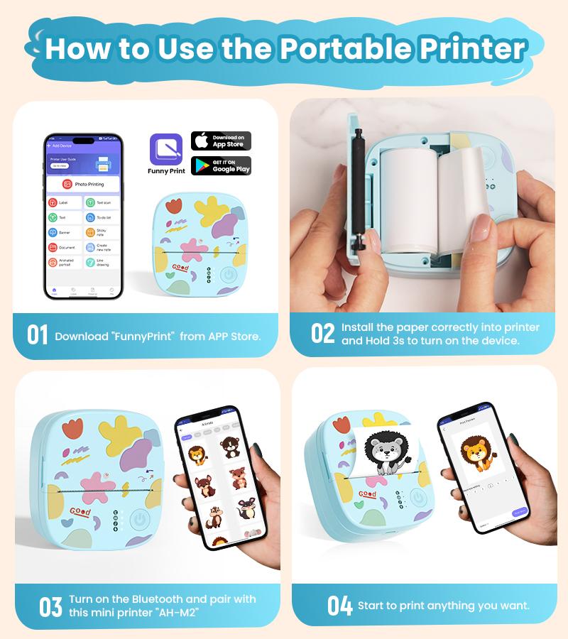 [Valentines'DaySale!] XenGro Mini Printer Bluetooth included 3 Roll label Thermal Pocket Printer,Inkless Small printer B&W Printing Only for Photos, Study Notes, Lists,Memos, Journals Printing Machine Sticky Label, Birthday Gifts for Kids Girls Boys Blue