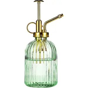 Glass Plant Mister Spray Bottle, 7.5" Green Glass Water Spray Bottle with Gold Top Pump Small Watering Can, Small Plant Sprayer Mister for Indoor Outdoor House,(Green+Gold E)