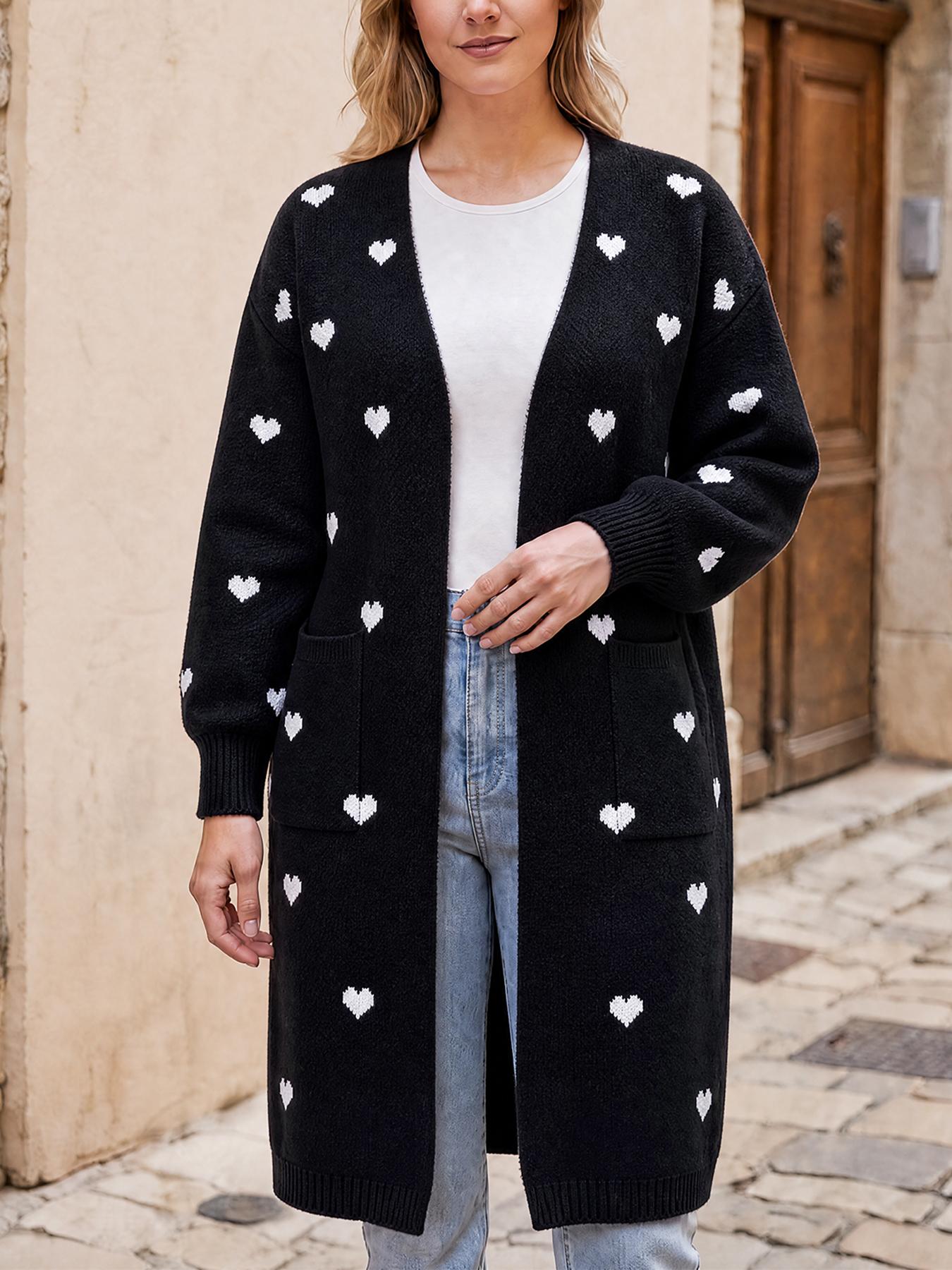 Women Heart Print Long Knit Cardigan, Open Front Pocket Long Sleeve Loose Sweater Coat, Fall Winter Casual Outerwear for Daily Shopping Dating Home Outings, Knitwear