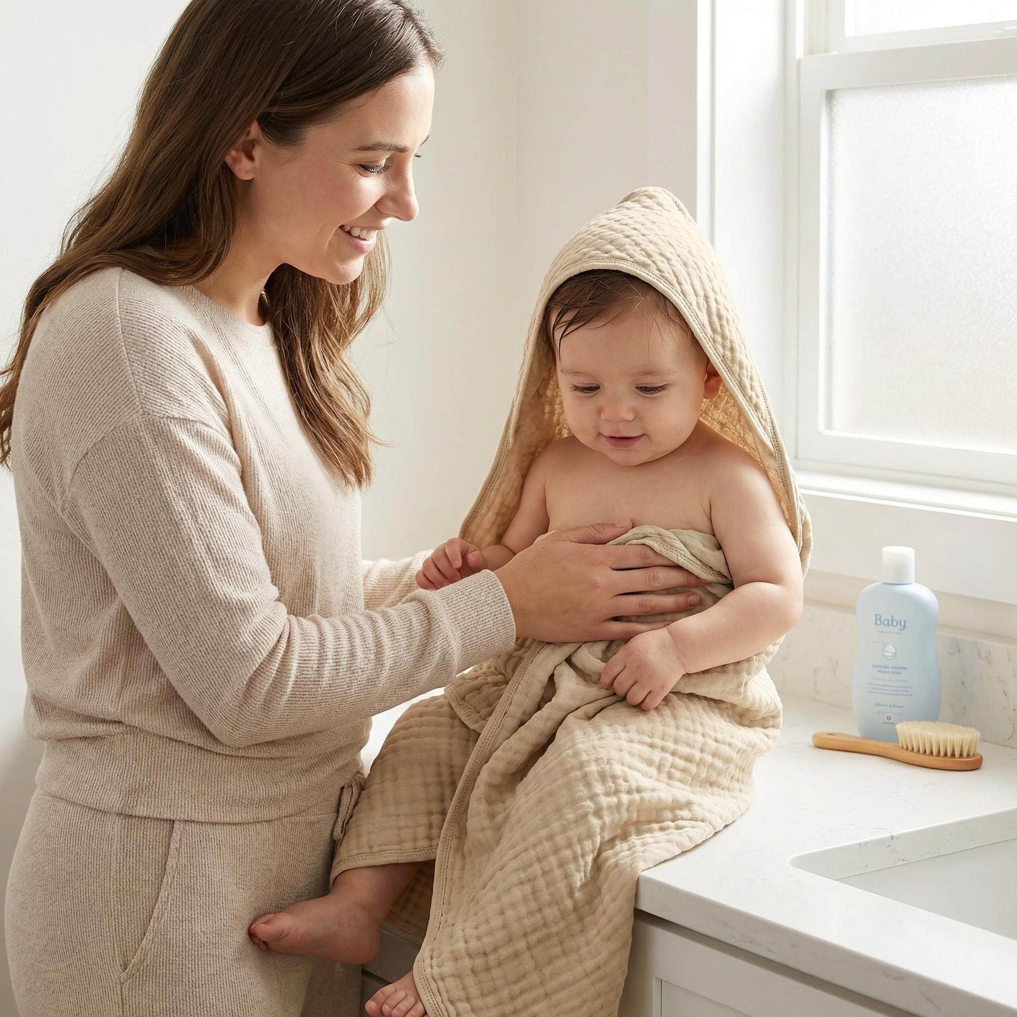 2pcs Baby Hooded Towels, Soft Cotton Absorbent Children Bathrobe, Pure Color All Seasons, Washable No Fading, Perfect Baby Shower Gift