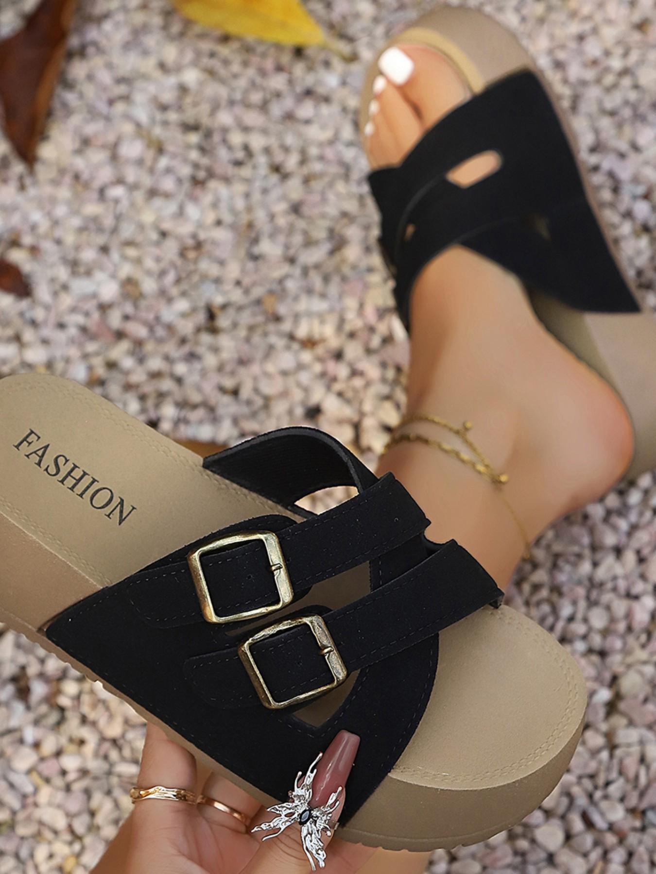 Cross Strap Double Buckle Thick Sole Sandals, Metal Buckle Relaxed Style, Outdoor Versatile Women's Shoes, All Seasons PU Leather