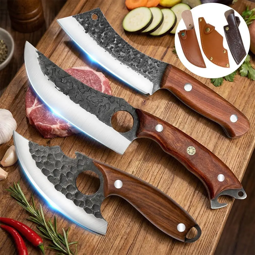 3PCS Kitchen Chef Knife Set, Forged Stainless Steel Butcher, Carving & Paring Knives with Leather Sheaths and Wood Handles for BBQ, Camping