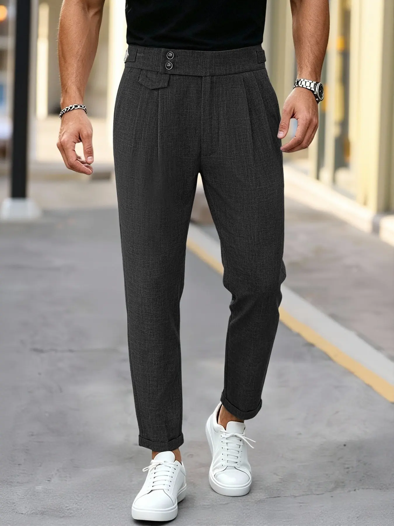 Men's Textured High-Waisted Pants, Italian Neapolitan Vintage Style, Dual Button Side Adjustments, Business Casual Long Trousers