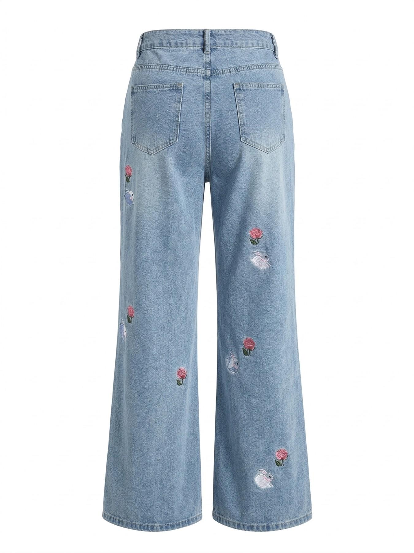 Women's Wide Leg Jeans, Loose Straight Fit, Embroidered Rose and Rabbit, Y2K Street Style, All Seasons, Elegant Plain Design