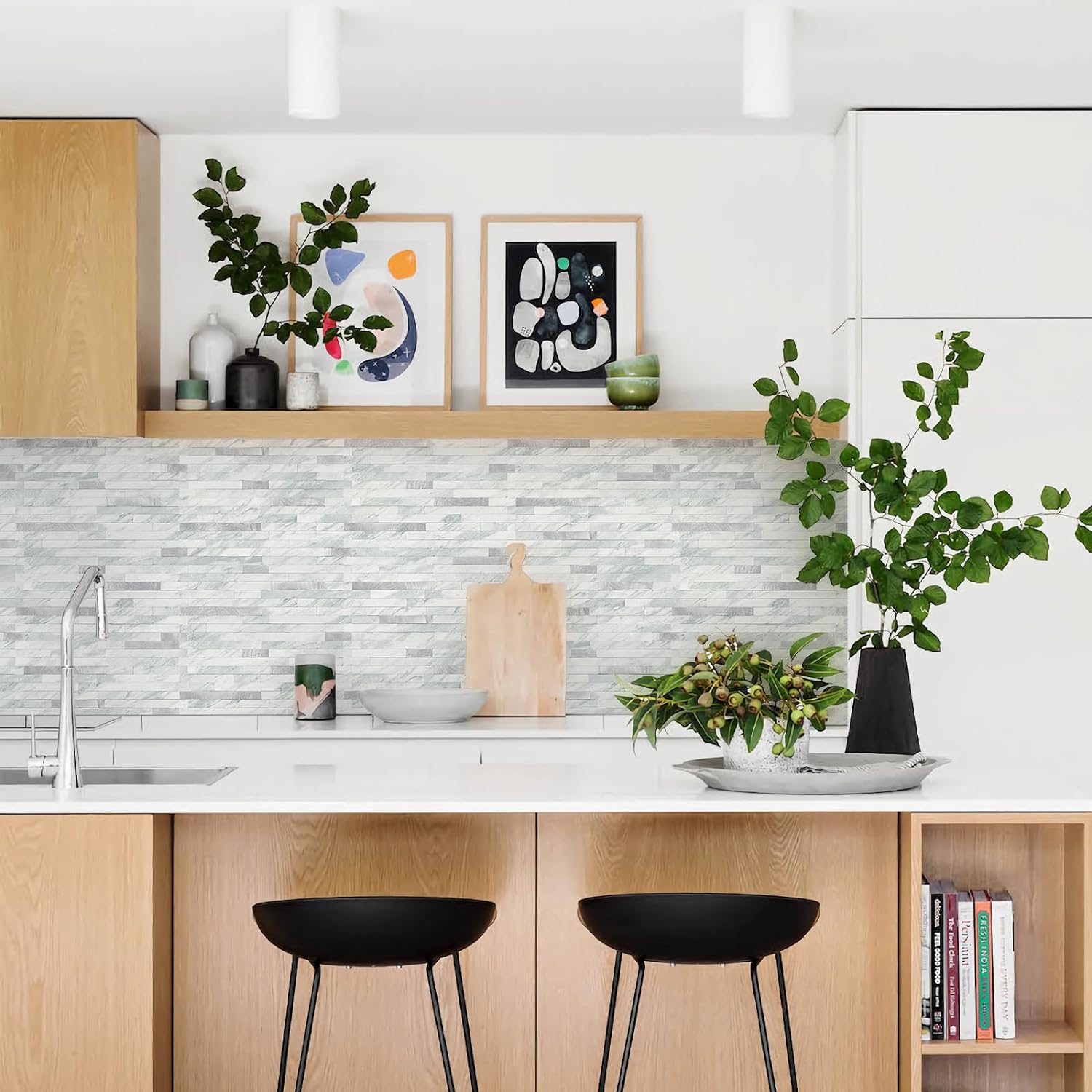 STICKGOO 20 Sheets Peel and Stick Backsplash Tile, Tile Stickers, Stick on Backsplash for Kitchen and Bathroom, Volakas White Look PVC Mixed Metal Silver Self Adhesive Wall Tiles