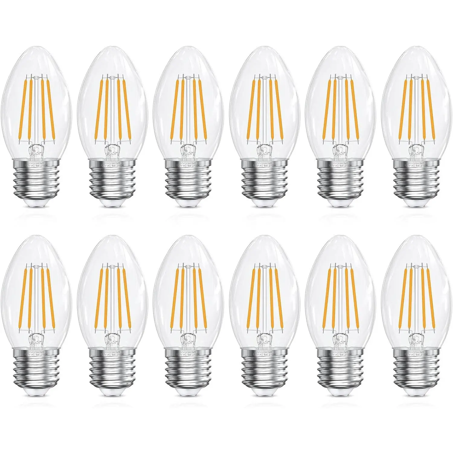 E26 Base LED Candelabra Light Bulbs 2700K Soft White, 6W, 60W Equivalent, B10 Chandelier Candle, Non-Dimmable, 90+CRI, 600LM, Clear Glass, 12 Pack