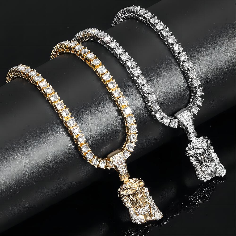 Men's Iced Out Metallic Jesus Head Face Charm Pendant Necklace, Hip Hop Costume Jewelry with Pave-Set Shining Crystals and Matching Chain, Crystal🎀, Metallic Jesus Graphic Necklaces