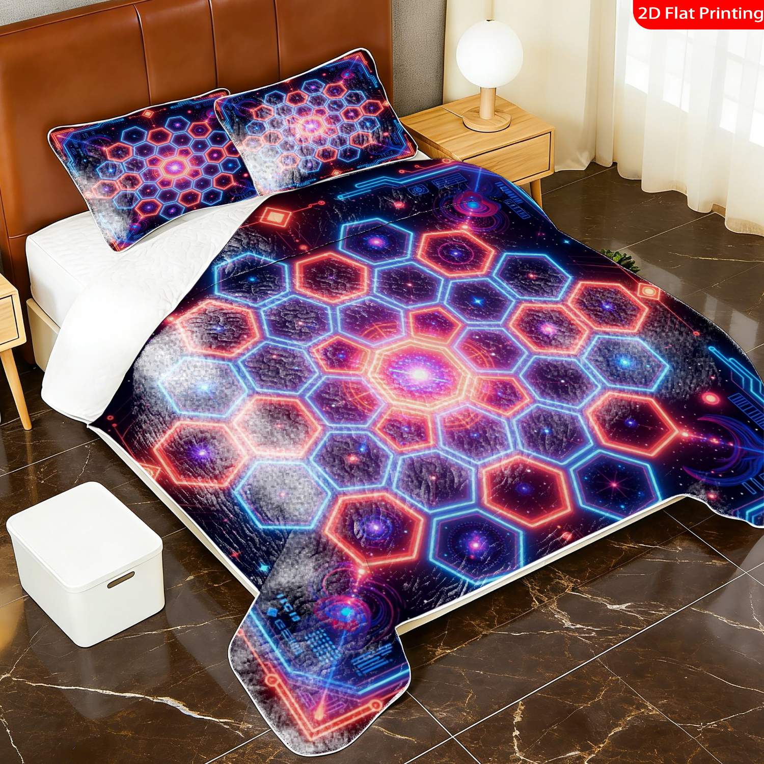 3 pcs, 2D Flat Print Neon Geometric Hexagon Bedspread Set, Soft and Comfortable, Multiple Sizes Available, Suitable for Gifting and Daily Use, Ideal for Creating a Cozy Home Atmosphere(1 bedspread , 2 pillowcases)