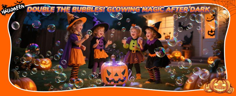 Pumpkin Bubble Machine with Spooky Sounds and Lights, Rechargeable Bubble Maker with Bubble Solution for Halloween Parties and Decor