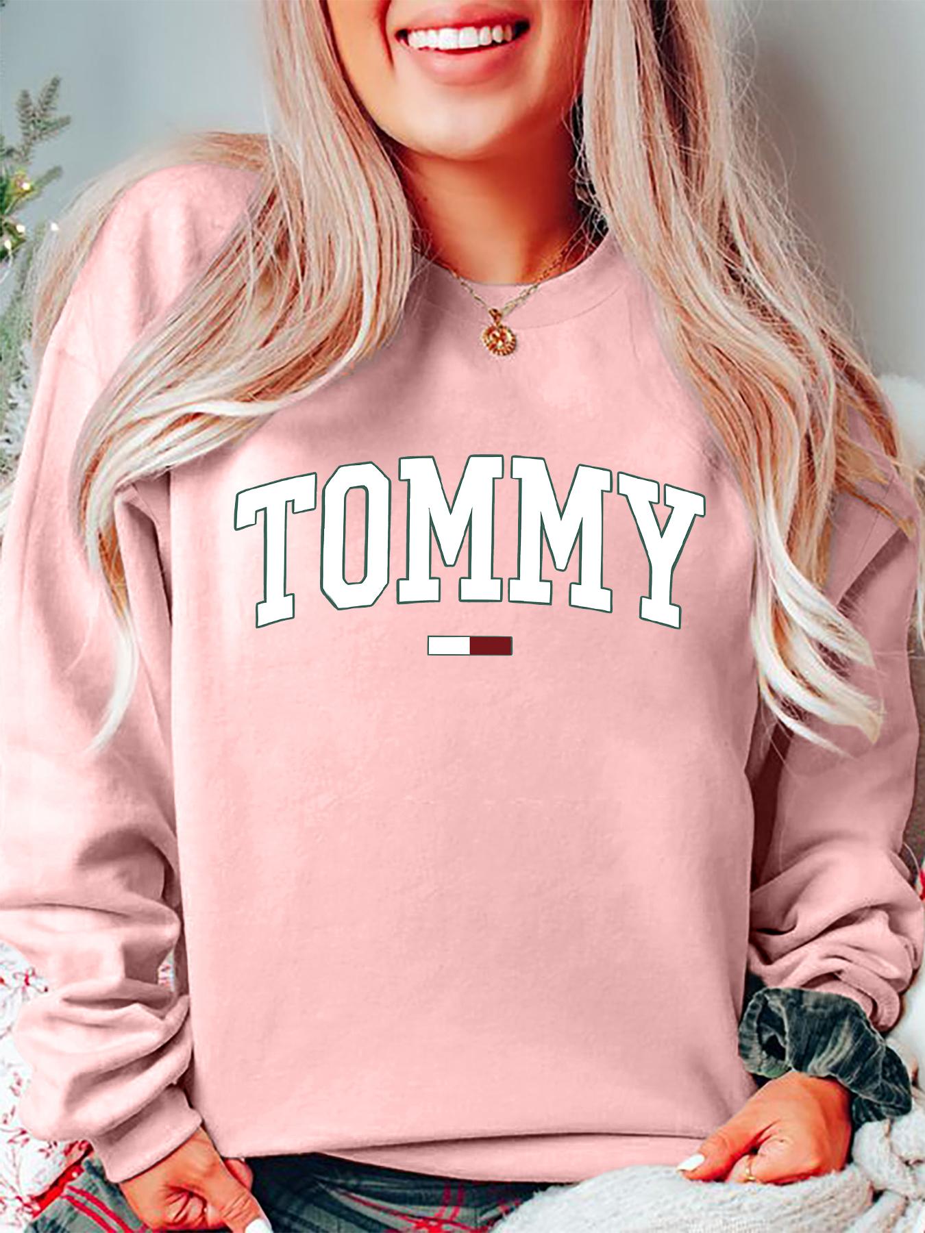 Tommy Pattern Print Long Sleeve Casual Loose Fit Pullover Sweater for Women, Fall & Winter Round Neck Fitted Style