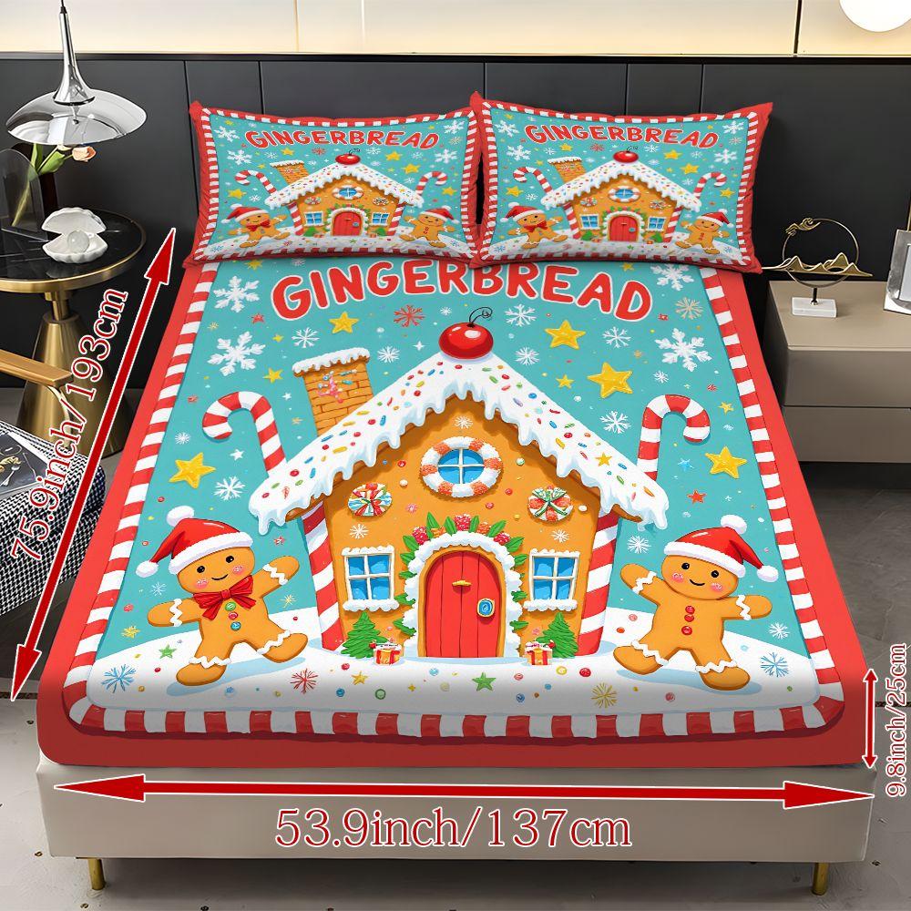 Fitted Sheet 3-Piece Set 2D Flat Gingerbread Man Pattern Mattress Cover (1 fitted sheet + 2 pillowcases, no insert), stylish, soft, and comfortable sheets, skin-friendly and breathable bedding, suitable for family bedrooms and guest rooms, all year round.