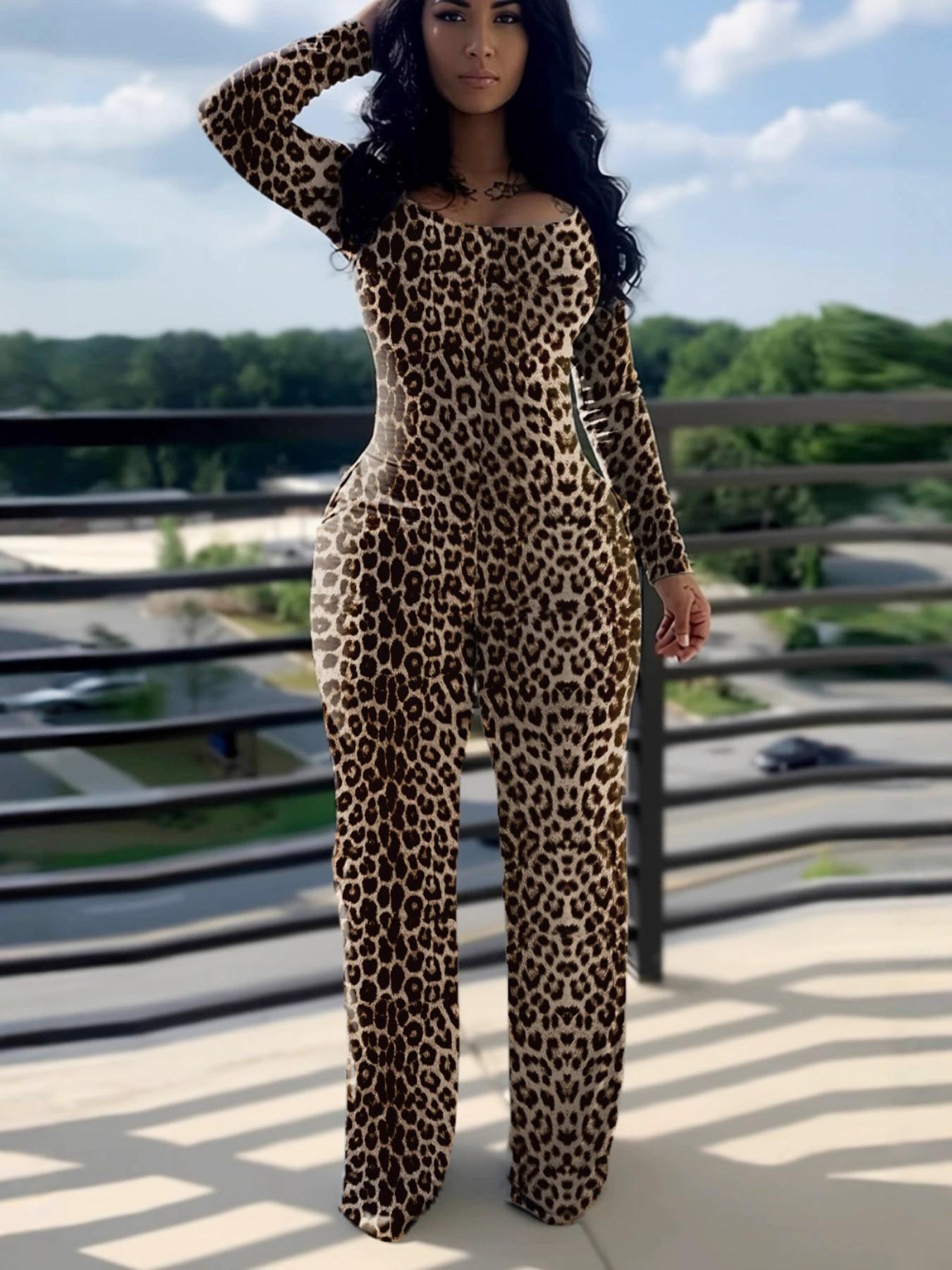 Women's Sexy Plain Long Sleeve Jumpsuit, Fall & Winter Fashion, Low-Neck Design with Pockets, European Style, Casual Wear