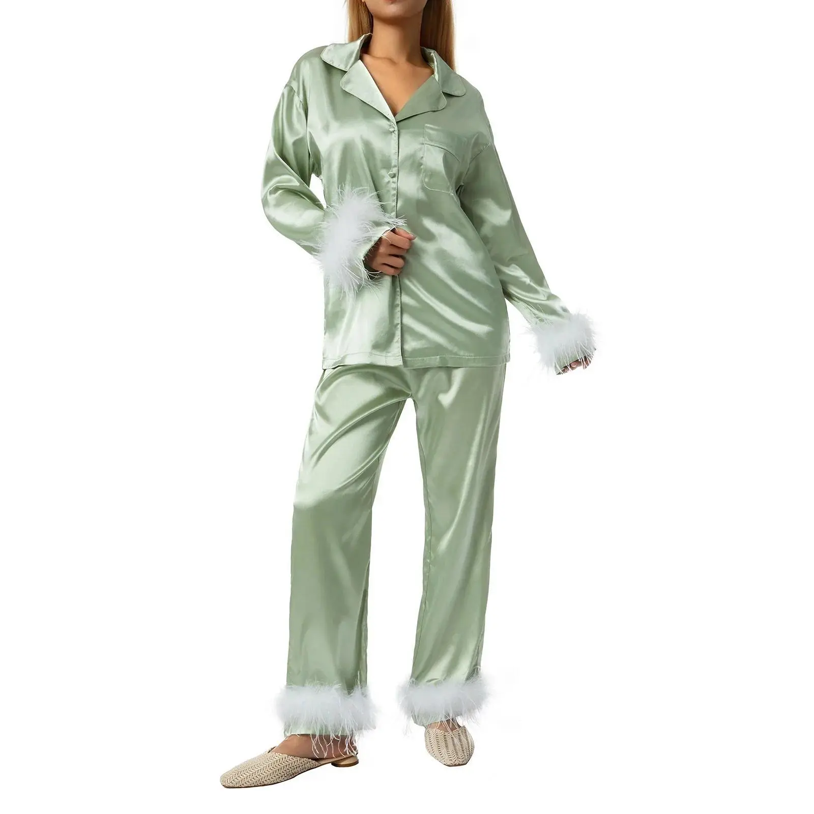 Women Satin Pajamas Feather Decoration Solid Color Long Sleeve Button-Down Lapel Collar Tops + Pants Autumn Winter Home Sleep