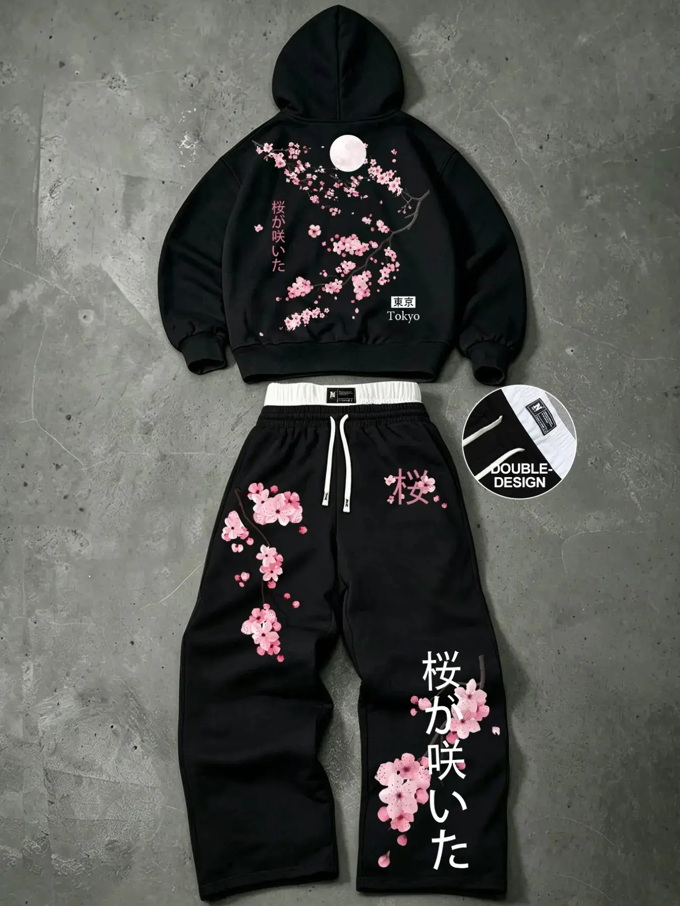 Men's Two-Piece Fashion Casual Set, Japanese Cherry Blossom Print Hoodie and Drawstring Wide Leg Pants, Spring Summer Fall Winter