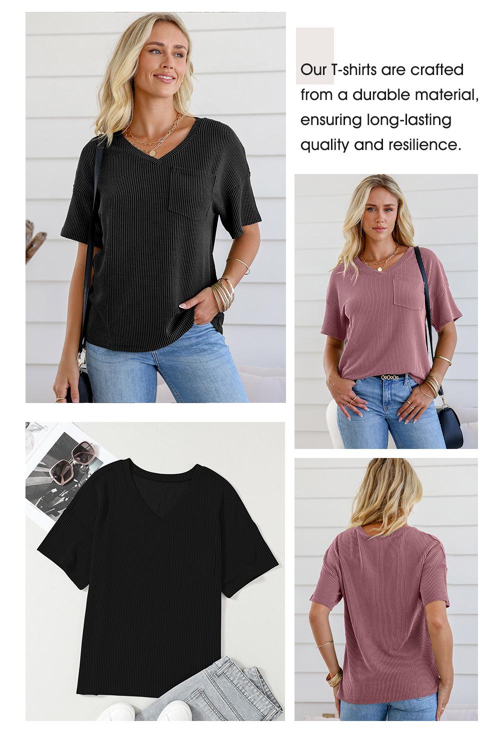 EVALESS Women's Oversized Summer T Shirts Tops V Neck Short Sleeve Ribbed Knitted Casual Loose Fit Blouses with Pocket 2026 Womenswear Springtok Outfits