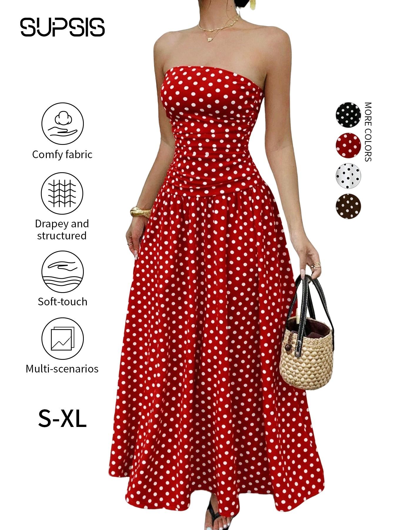 Women's Polka Dot Strapless Dress, Elegant Sleeveless Swing Flowy Maxi Dress, Spring & Summer Fitted Knit A-Type Dress