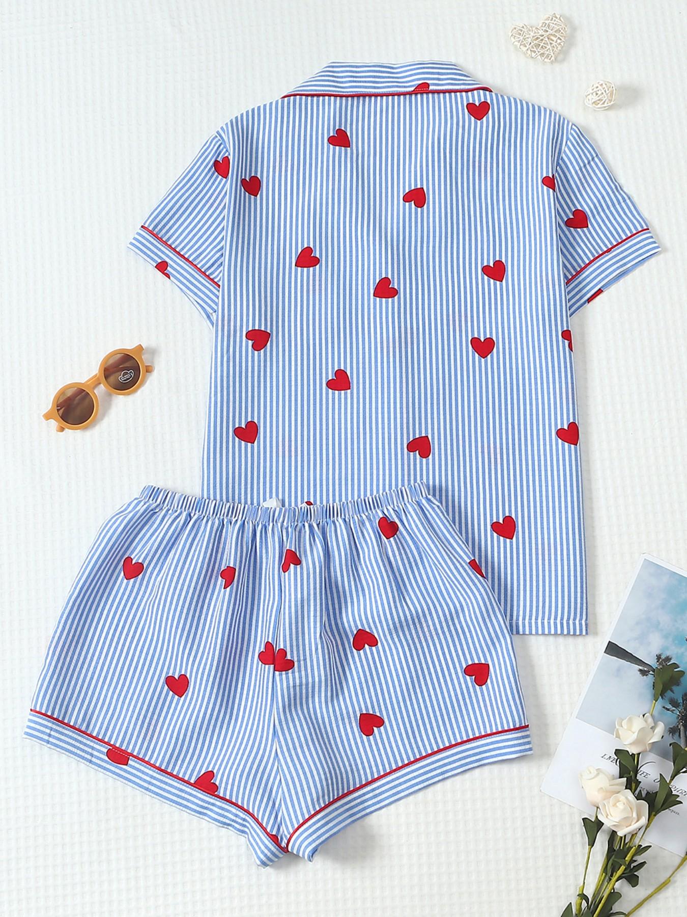 Heart Stripe Printed Women's Pajama Set, Feminine Cute Loungewear Nightwear, Sweet Collar Short Sleeve Top with Pocket, Bow Shorts, Casual Home Wear