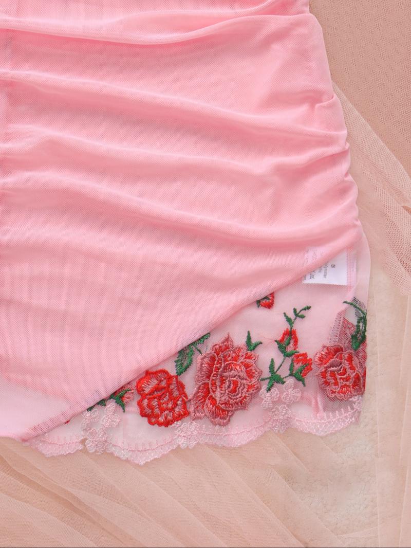 Women's 2-Piece Candy Color Rose Embroidered Sleepwear Set, Soft Comfortable High Stretch Home Strapless Nightgown, Elegant All-Season Pajamas