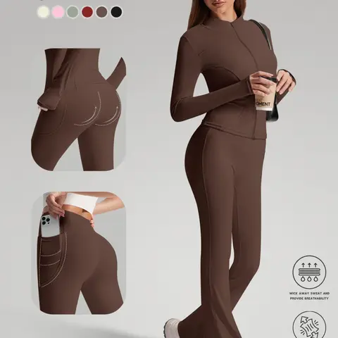 Women's Sporty Two-Piece Set, Quick-Dry Long Sleeve Suit, High Waist Pants, Breathable, Slim-Fit, Yoga Clothes Set, Ideal for Yoga, Running, Gym