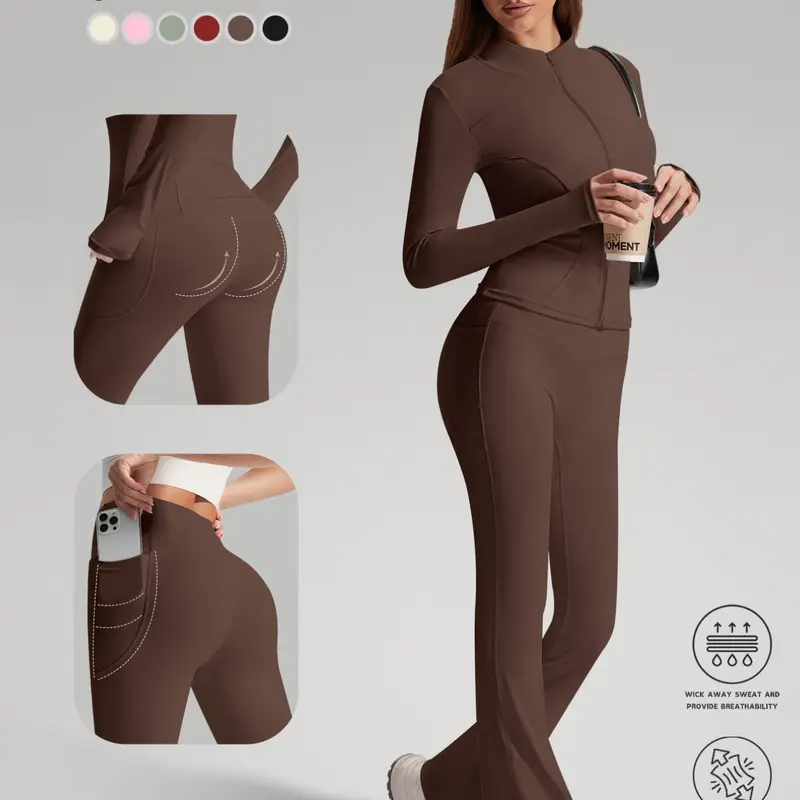 Women's Sporty Two-Piece Set, Quick-Dry Long Sleeve Suit, High Waist Pants, Breathable, Slim-Fit, Yoga Clothes Set, Ideal for Yoga, Running, Gym